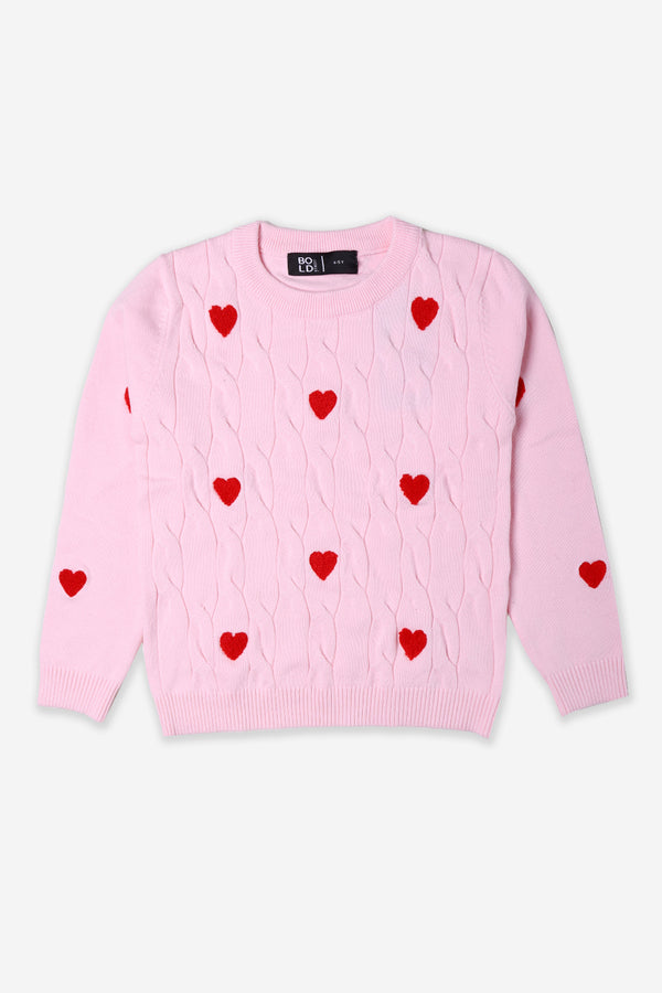 Girls Light Pink Red Heart Embroidered Sweater