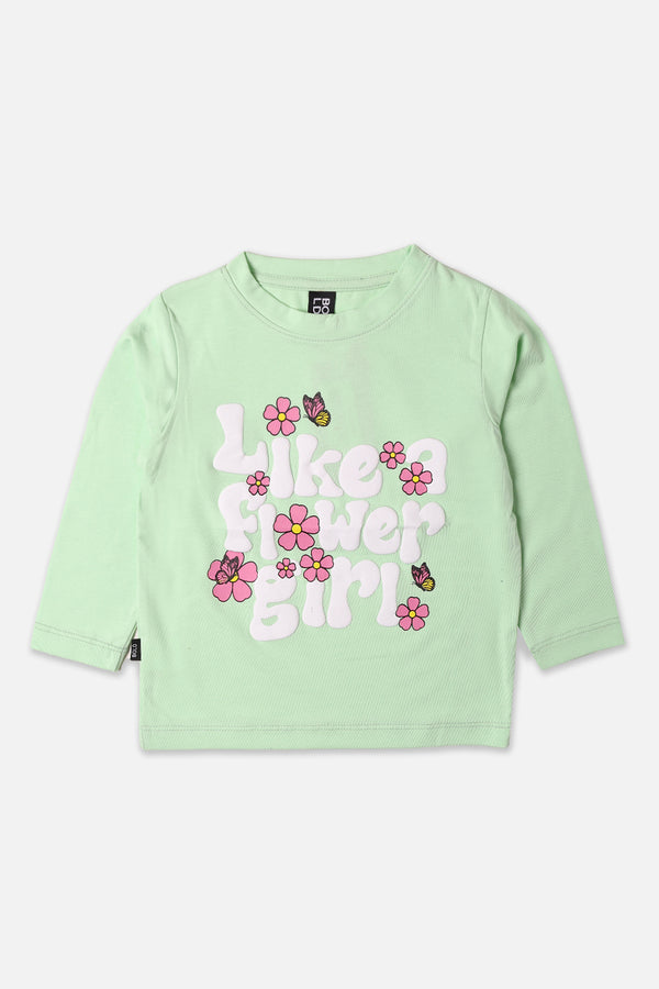 Girls Light Green Like A Flower Printed Full Sleeve T-Shirt