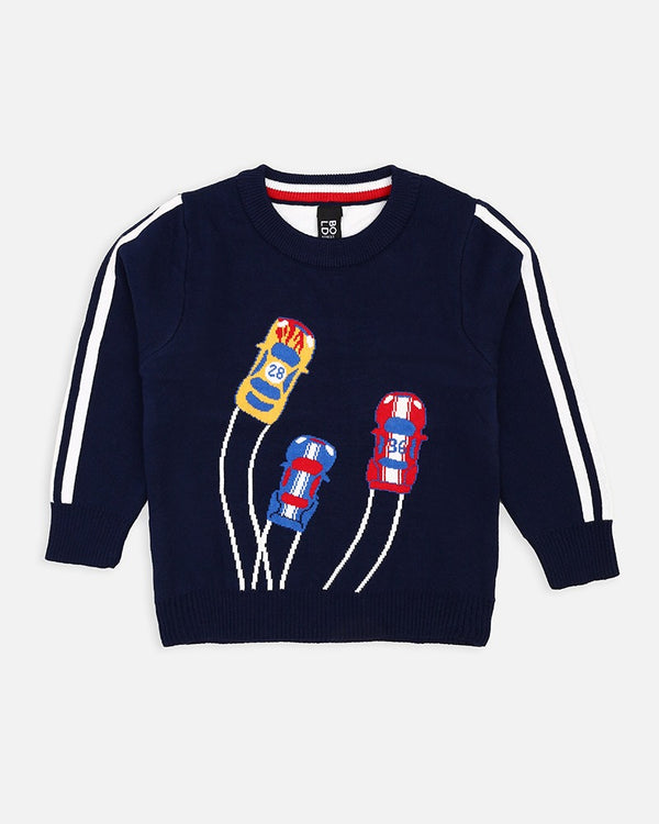 Boys Car Printed Navy Sweater