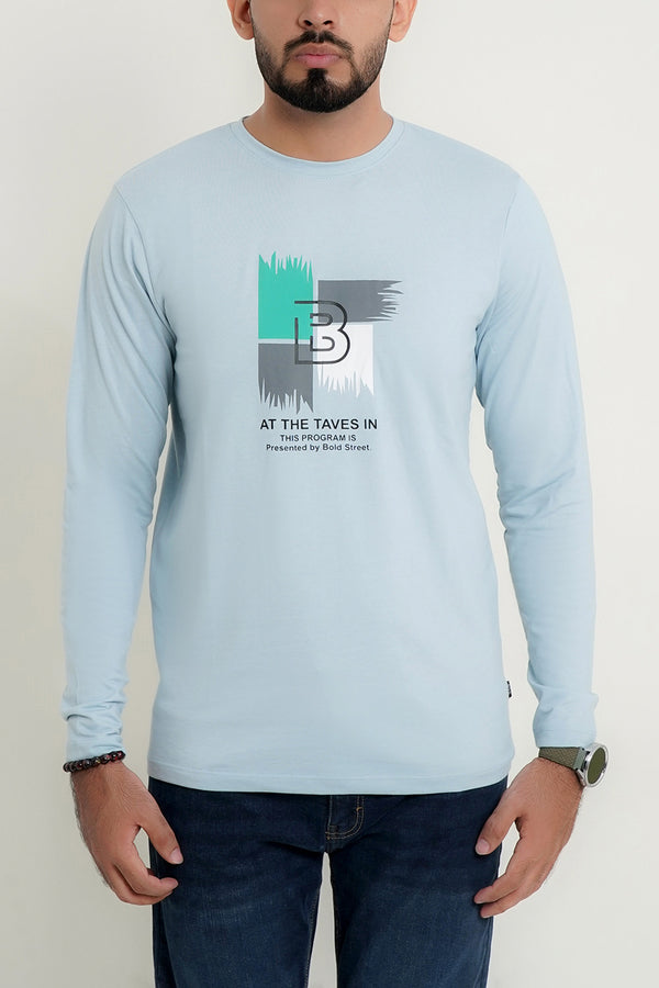 Mens Sky Blue B Printed Full Sleeve T-Shirt