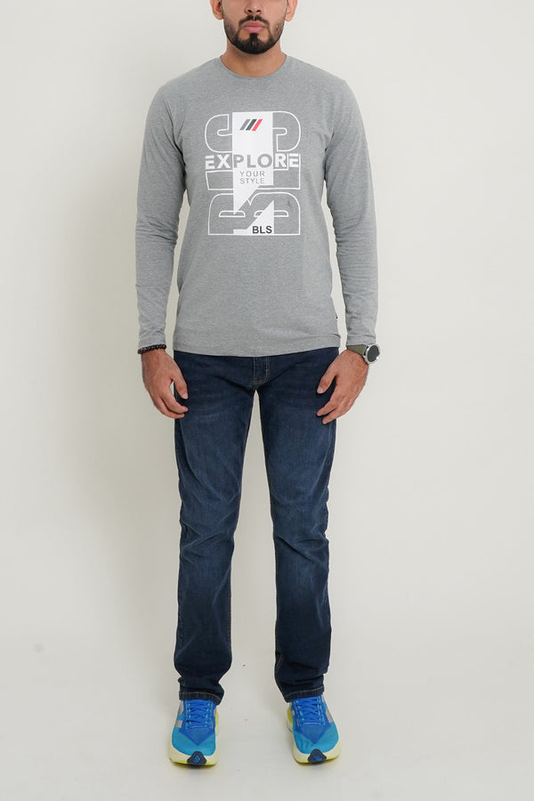 Mens Grey Explore Printed Full Sleeve T-Shirt
