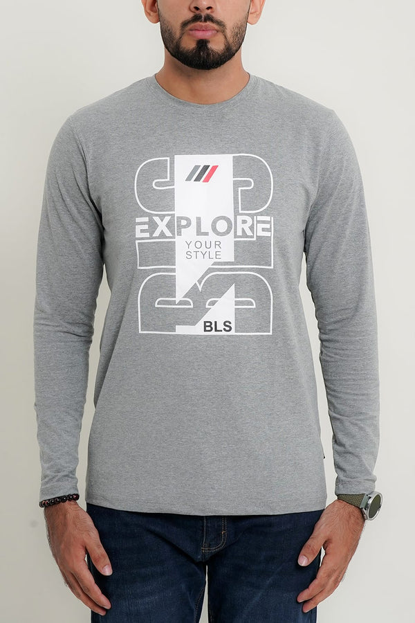 Mens Grey Explore Printed Full Sleeve T-Shirt