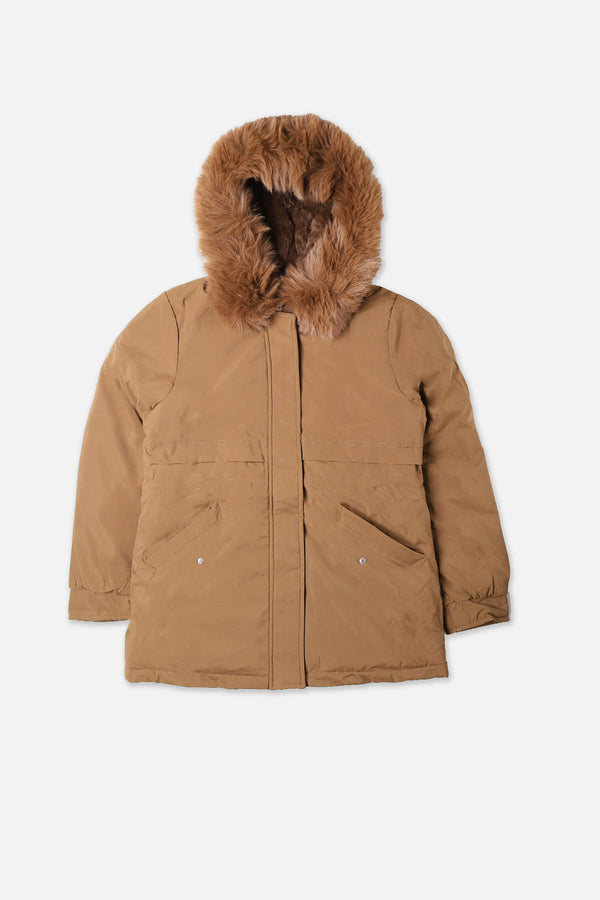 Women Brown Puffer Jacket With Hood