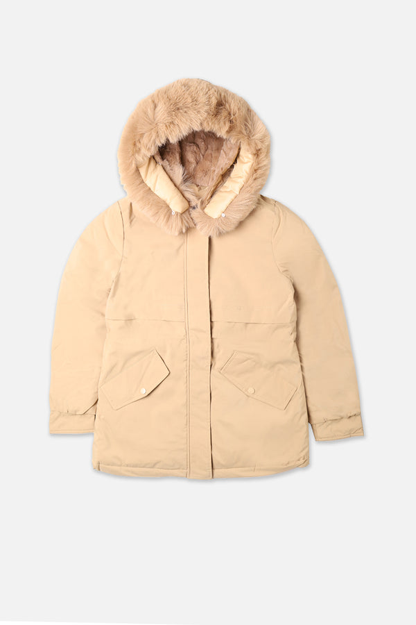 Women Camel Puffer Jacket With Hood