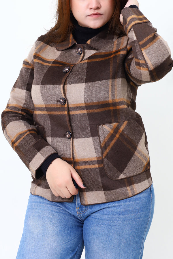 Women Brown Check Double Side Casual Coat