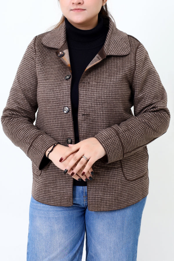 Women Brown Check Double Side Casual Coat