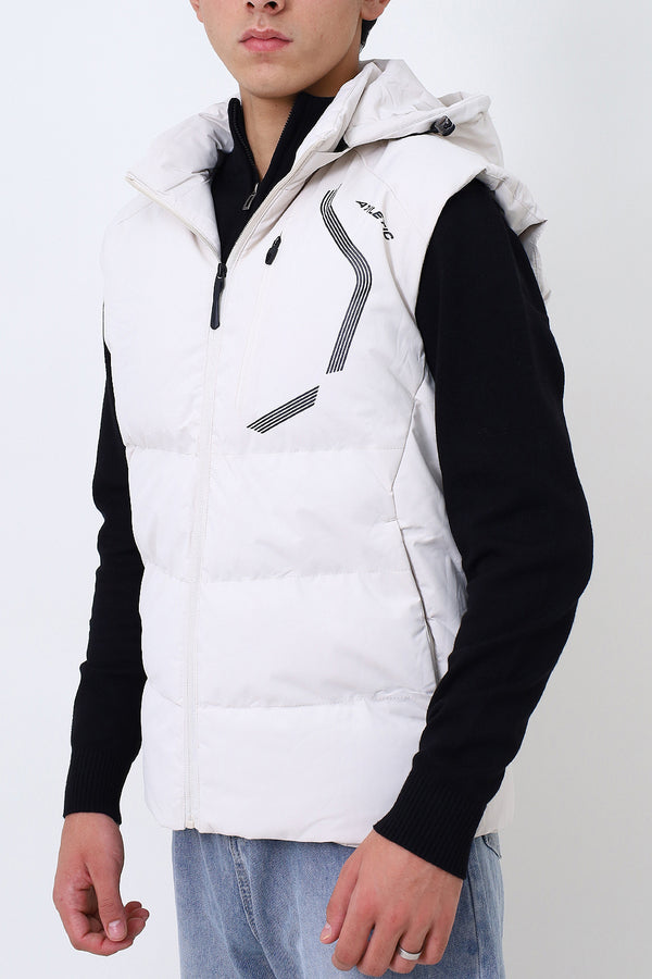 Men Off White Sleeve Less Jacket With Hood