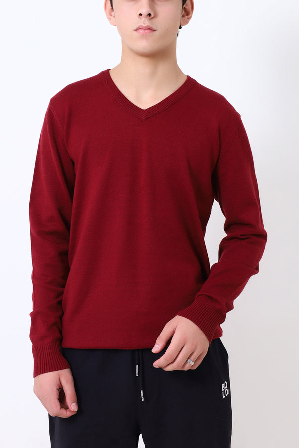 Men Mehroon V-Neck Full Sleeve Sweater