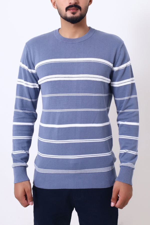Men Round Neck Light Blue Sweater