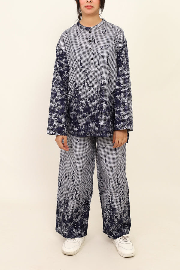 Women Navy Micro Check Co-Ord Set