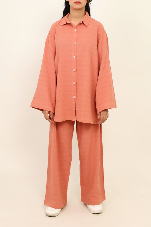 Women Peach Button Down Co-Ord Set