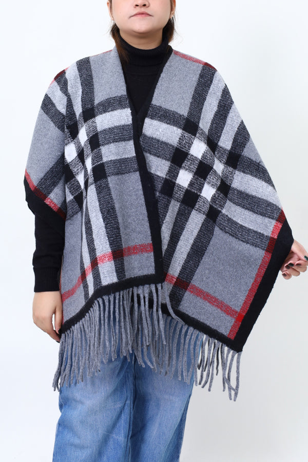 Women Grey Check Cap Shawl