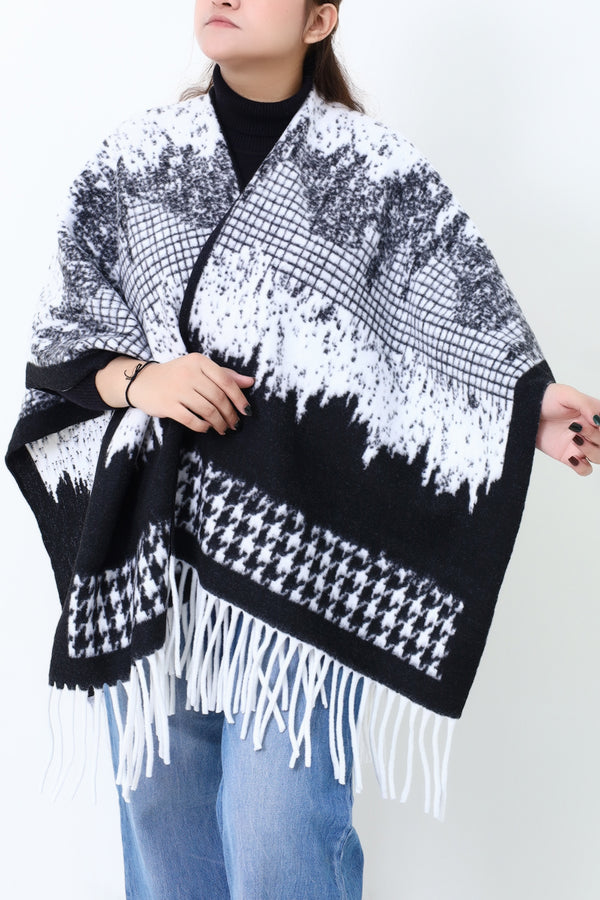 Women Black White Cap Shawl
