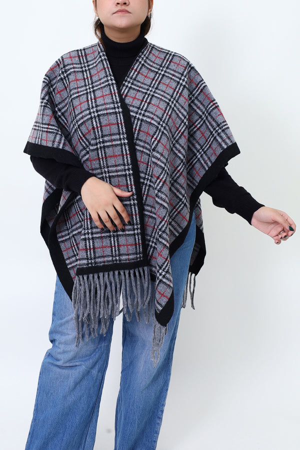 Women Grey Check Cap Shawl
