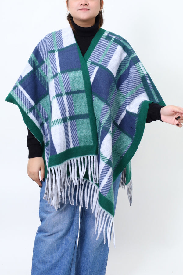 Women Green Check Cap Shawl