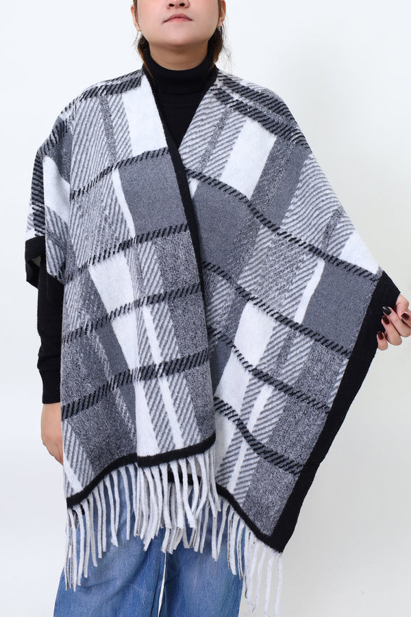 Women Grey White Check Cap Shawl
